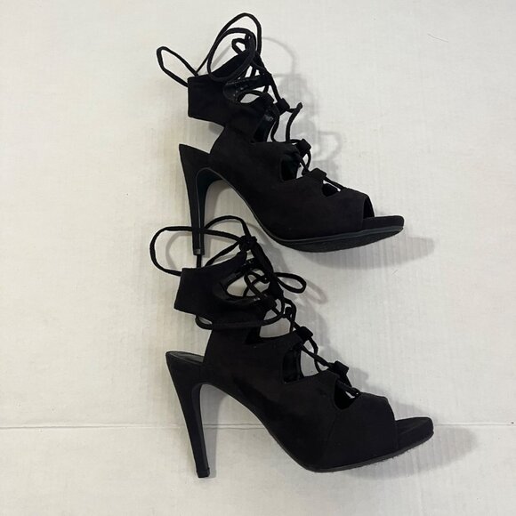Y2K Strappy Cage Shoes Sz 7 Stiletto Heels Black Faux Suede Open Toe Whimsigoth. - Picture 4 of 8